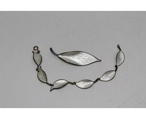 A David Anderson white enamel and silver leaf brooch and bracelet