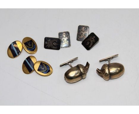 Three pairs of vintage cufflinks, one a pair of Niello work cufflinks with Thai religious figures depicted, a pair of gilt cu