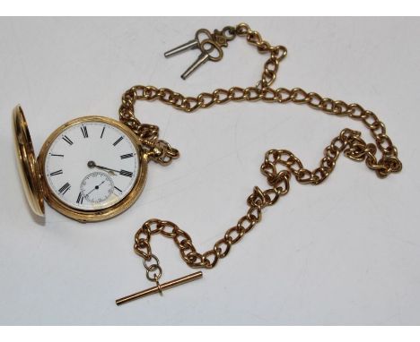 A George V 18ct gold key wind hunting cased pocket watch, movement numbered 6660, 4cm enamel Roman dial with seconds subsidia