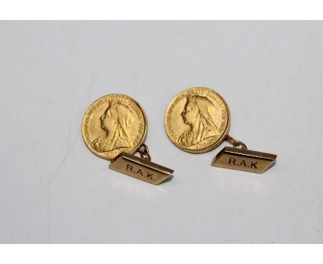 A pair of 1899 Jubilee head&nbsp; Victorian half sovereign coins soldered onto 9ct stamp chain cufflink findings. Gross weigh