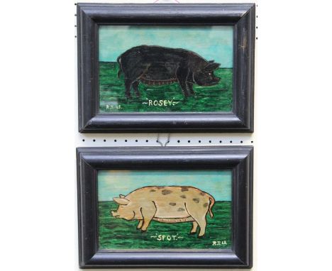 20th century Naive SchoolTwo studies of rare breed pigs, Spot and Rosey. oils on panel, each initialled R. I and dated '48. 1
