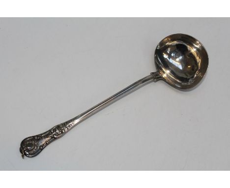 A sterling silver ladle, Kings pattern, hallmarked for London, 1854. Partial sponsors stamp W in lobed cartouche. Approximate