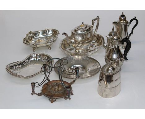 A large mixed lot of EPNS to include spirit kettle, part tea and coffee services, condiments, trays, chafing dishes, ice pail