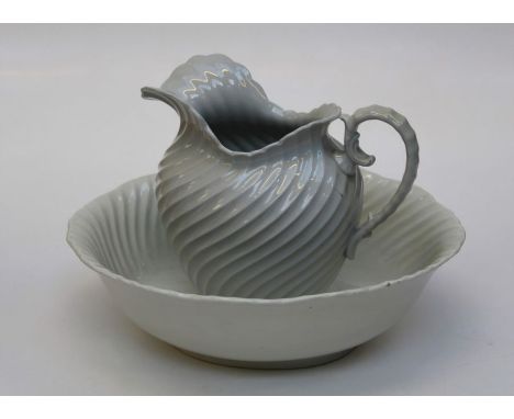 A Cauldron wrythen form white glazed wash jug and basin