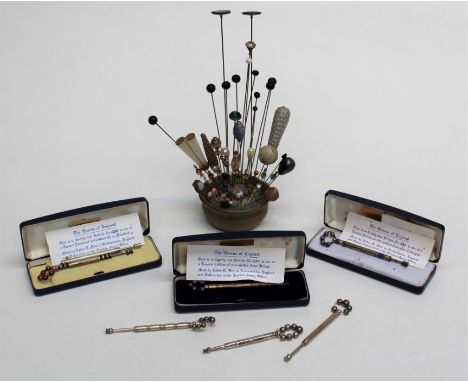 Three cased silver lace makers bobbins, The Queens of England, each with certificate. Together with another commemorating the