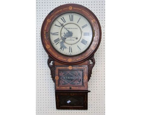 A late 19th century walnut cased, inlaid and strung drop dial wall clock, named Goodacre and Sons, Billingboro and Donington.