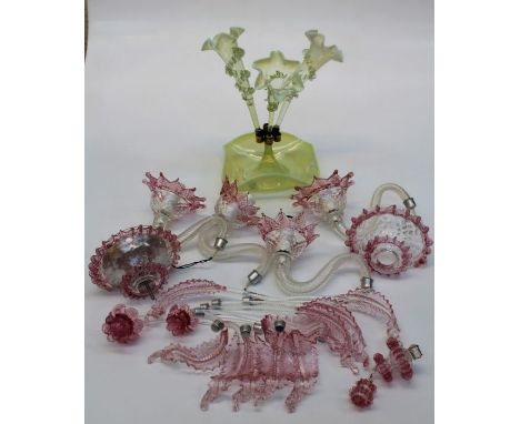 A Venetain clear and cranberry tinted glass electrolier together with a Victorian vaseline three trumpet epergne (at fault)