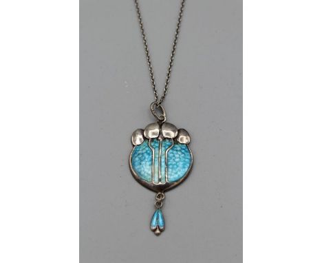 An Edwardian bright aquamarine colour champleve enamel Arts and Crafts style pendant, in sterling silver, marked for James Fe