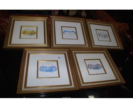 Five prints of cups and saucers.