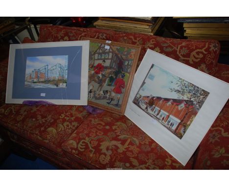 Three prints (one glass a/f.) and a tapestry.