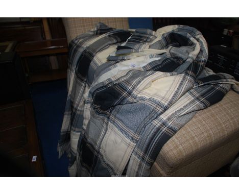 A pair of lined check curtains, 7' drop x 80" wide, and another pair 7' drop x 30" wide.
