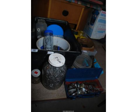 Two boxes of nails, blacksmith horseshoe nails, chain etc.