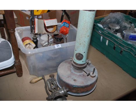A selection of Aladdin wicks, Tilley lamp, greenhouse heater, Primus stove, old mincer, etc.