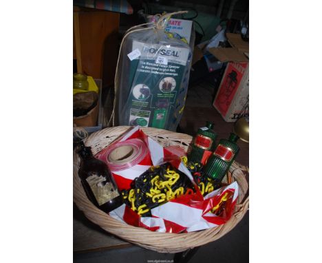 Miscellanea to include red/white warning tape, Ronseal garden sprayer, black/yellow chain.