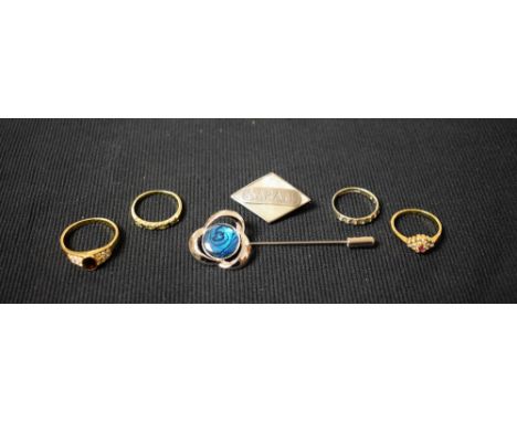 A 9ct gold eternity ring;  other dress rings;  a mother-of-pearl navette shaped brooch, Sarah;  etc 
