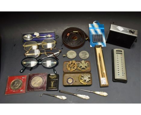 Boxes & Objects - a parker rolled gold cased ball point pen;  coins, spectacles, pocket lighter,  mother of pearl handled par