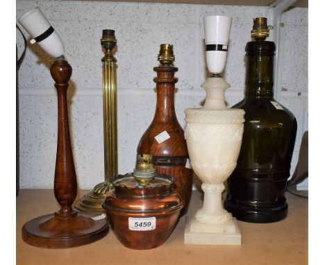 Lighting - a white alabaster urn shaped table lamp; a brass columnar table lamp; others, oak, mahogany, etc (6)