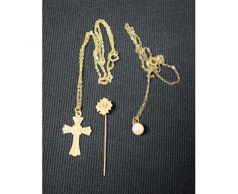 A 19th century 9ct gold stick pin, set with a single red stone; a 9ct gold cross pendant; a pearl necklace (3)