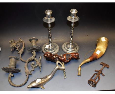 A pair of chrome candlesticks; a metal mounted horn; a novelty dolphin bottle opener; corkscrew; etc 