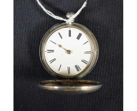 A Victorian silver hunter pocket watch,  white dial, Roman numerals, minute track, single gold coloured hand, verge fusee mov