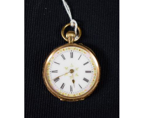 A continental 14k gold ladys open face fob watch, white enamel dial, pink and gilt floral outer edge, Roman numerals, minute 