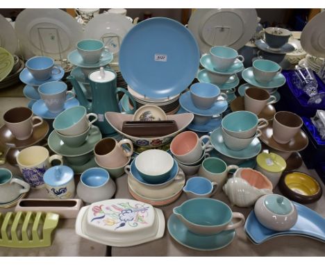 Poole Pottery - a two-tone coffee pot, cups, saucer, tea plates, sauce boat, sugar bowls, cream jugs, assorted colourways, a 