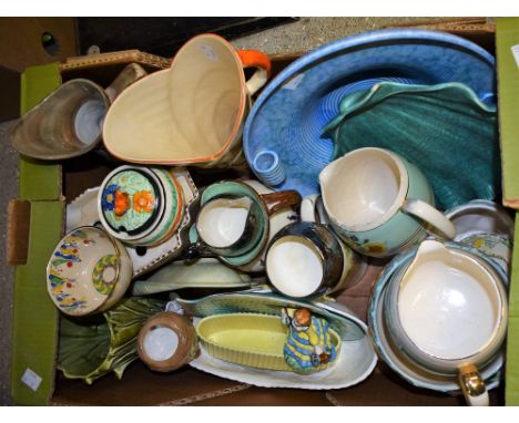 Ceramics - an Art Deco fish dish, similar blue two handled dish, figure of a Crinoline Lady, a Radford jug; other similar Sta