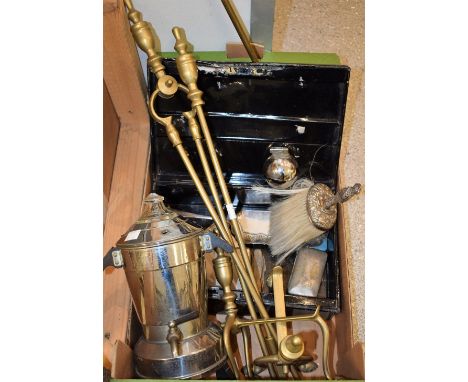 A set of three Regency style brass fire irons with dogs; a metal box and cover; cigarette cases; a crumb tray and brush; Bene