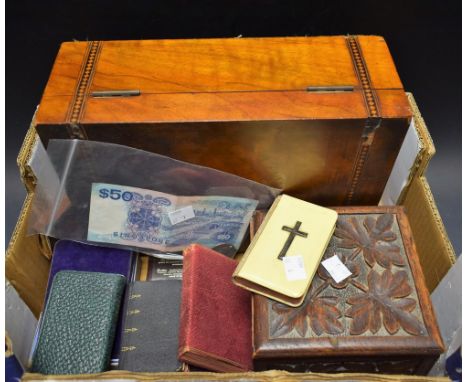 Boxes and Objects - a Victorian mahogany and Tunbridge ware ladies work box; a pocket bible with mounted with silver hallmark