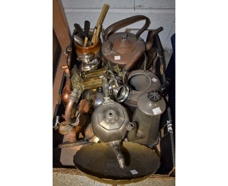 Metalware - a copper kettle; a pair of early 20th century gas light wall sconces; a pair of late 19th century brass candlesti
