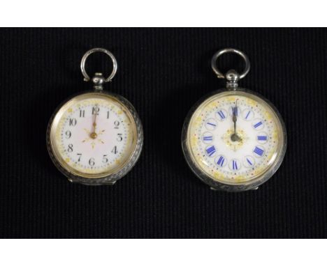 An Edwardian lady continental silver fob watch, enamel dial, Arabic numerals, key wind movement, 34mm diameter; another, simi