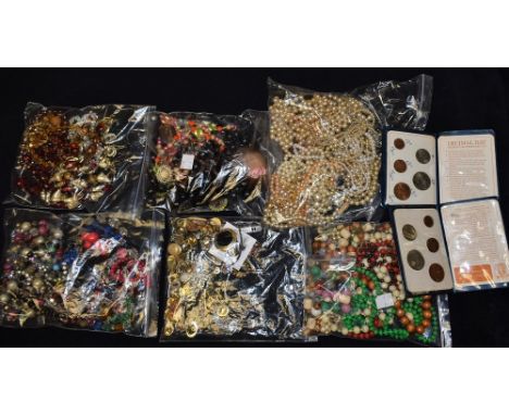 Costume Jewellery - bead necklaces, hardstone, faux pearl, glass, plastic, clip-on earrings, brooches, etc