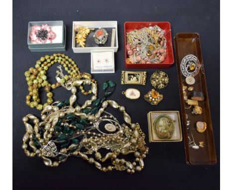 Costume Jewellery - a mother of pearl set floral necklace; a quantity of bead necklaces, yellow metal brooches; etc.