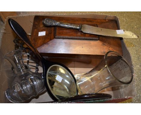 Boxes and Objects - A mahogany sarcophagus tea caddy; a white metal chatelaine hook; silver hafted button hook; hand mirrors;