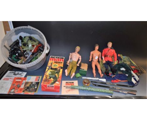 Toys - Palitoy Action Man, Canadian Mountie with binoculars, rifle and hat; another, with gripping hands, boxed; another spea