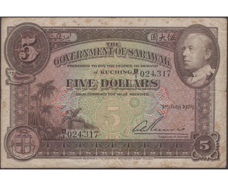 Government of Sarawak, $5, 1 July 1929, serial number B/1 024,317, Rennie signature, foxing but an original very fine, a pres