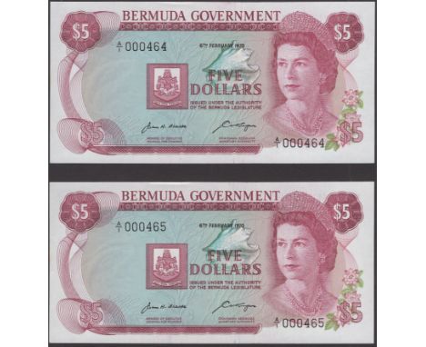 Bermuda Government, $5 (2), 6 February 1970, serial numbers A/1 000464-465, light handling, uncirculated (2 notes) BNB B125a,