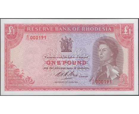 Reserve Bank of Rhodesia, £1, 15 June 1966, serial number K/17 000191, Bruce signature, uncirculated, scarce in this grade an
