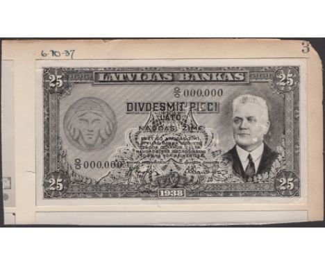 Latvijas Bank, Bradbury Wilkinson archival photograph of a proposed issue of  25 Latu, 1938, zero serial numbers, Kilve and V