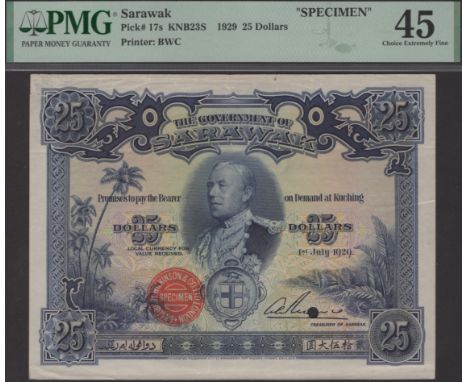 Government of Sarawak, specimen $25, 1 July 1929, no serial numbers, Rennie signature, one cancellation hole, red Bradbury Wi
