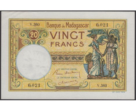 Banque de Madagascar, 20 Francs, ND (1937-1947), serial number V.360-0021, light handling, about uncirculated to uncirculated