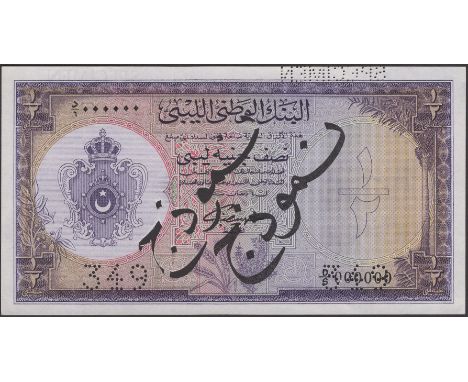 National Bank of Libya, specimen £1/2, 1955, serial number D/6 000000, black SPECIMEN overprint and perforations, light corne