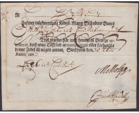 Kongl. May: Standers Wexel-Banco, 30 October 1693, Stockholm, with manuscript date, value and signatures, good very fine and 