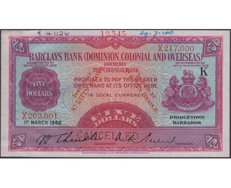 Barclays Bank (Dominion, Colonial and Overseas), Saint Kitts branch, printers archival specimen $5, 1 March 1940, K in field 