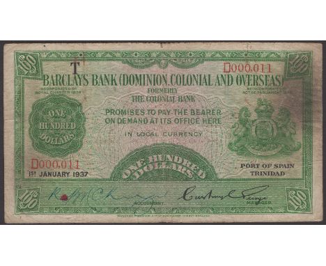 Barclays Bank (Dominion, Colonial and Overseas), Trinidad, $100, 1 January 1937, serial number D000011, George and one other 