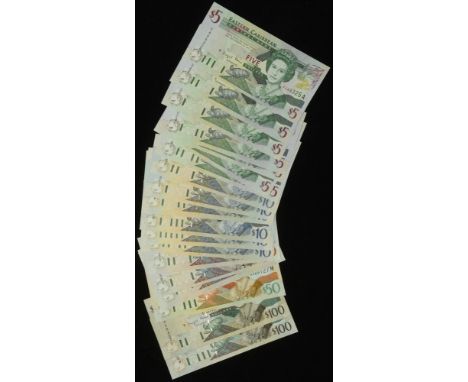 Eastern Caribbean Central Bank, a group from the 2000 Issue, $5 (7), suffixes A,D,G,K,L,M,V, $10 (7), suffixes D,G,K,L,M,U,V,