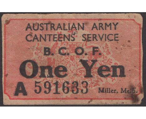 Australian Army Canteens Service, 1 Yen, ND (1939-45), serial number A591633, staple holes, a few small stains, very fine, ve