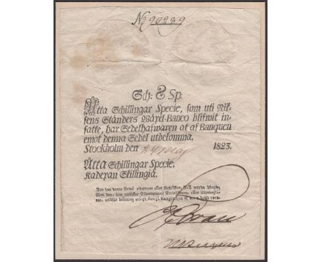 Riksens Standers Wexel-Banco, Sweden, 8 Scillingar Specie, 1823, serial number 90289, manuscript number and signatures, also 