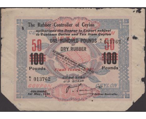 Rubber Controller of Ceylon, 100 Pounds of Dry Rubber with 50 overprint in red and dated 1 May 1941 Second Advance issue and 