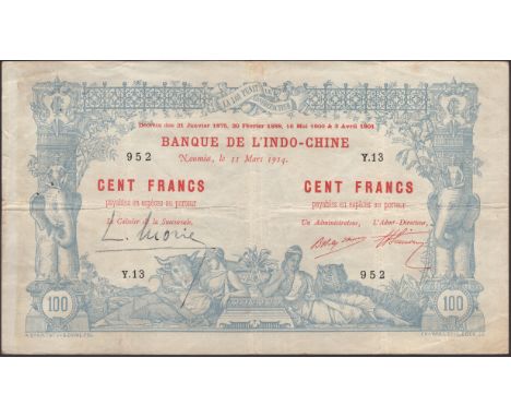 Banque de l’Indo-Chine, New Caledonia, 100 Francs, 11 March 1914, serial number Y.13-952, manuscript signature at left, print